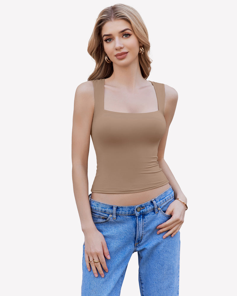 Square-neck crop tank top, tan sleeveless fitted front