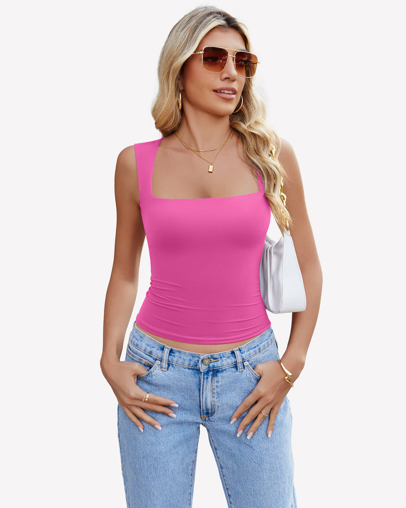 Square-neck crop tank top, hot pink sleeveless fitted front
