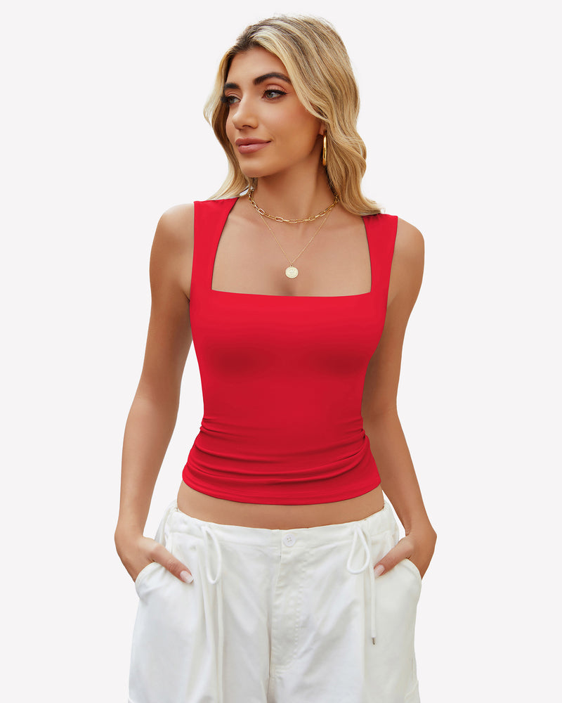 Square-neck crop tank top, red sleeveless fitted front