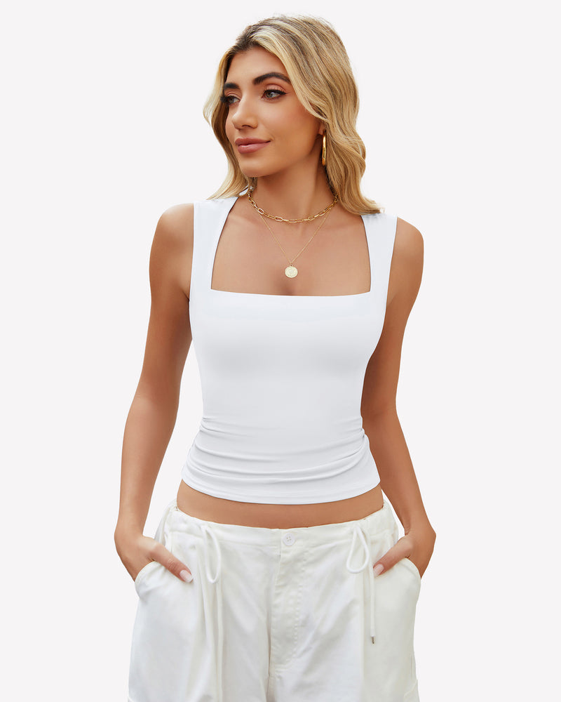 Square-neck crop tank top, white, sleeveless with straight neckline