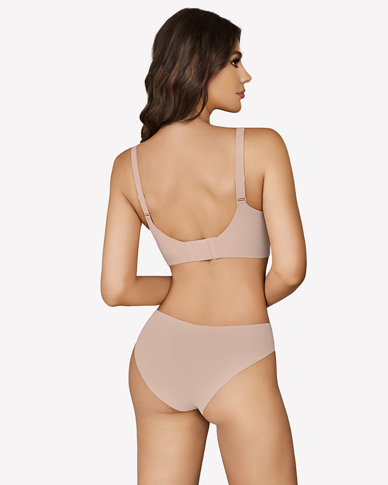 Nude wireless push-up bralette back view with adjustable straps and elastic band
