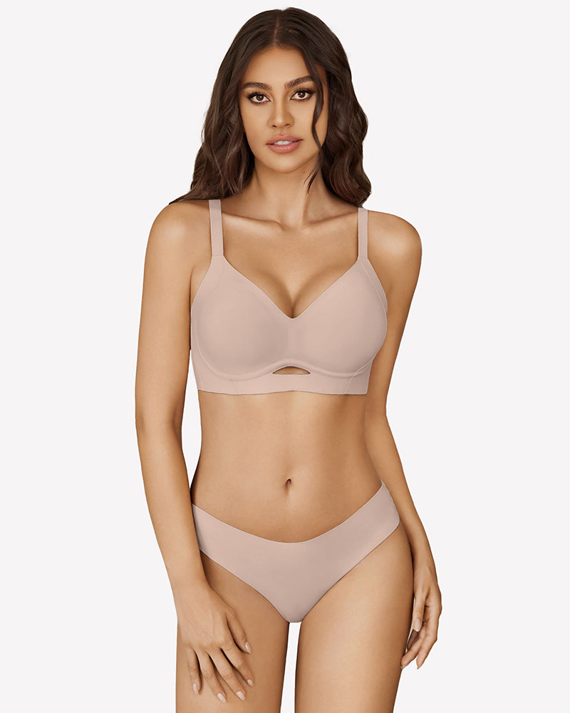 Nude wireless push-up bralette with V-neck, lightly padded cups, adjustable straps.