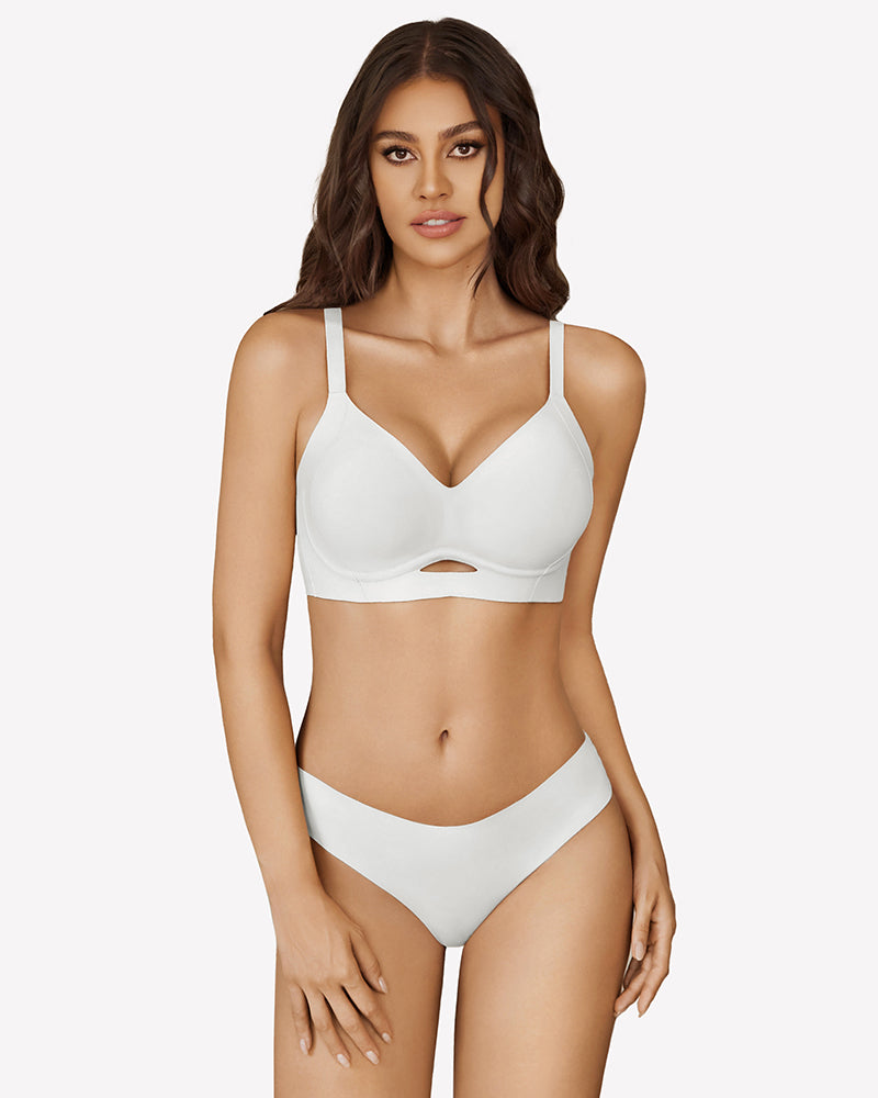 White wireless push-up bralette with V-neck cups and adjustable straps.