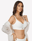 White wireless push-up bralette with V-neck cups and adjustable straps, center cutout.