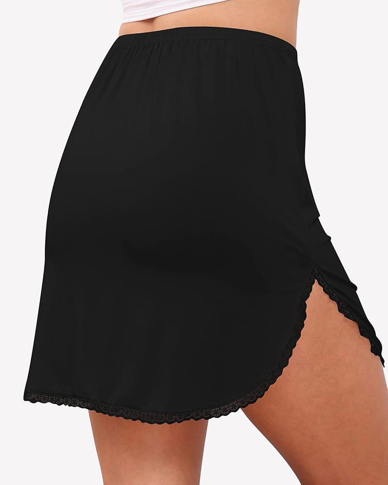 Black lace-trim slip base skirt with elastic waistband and scalloped hem