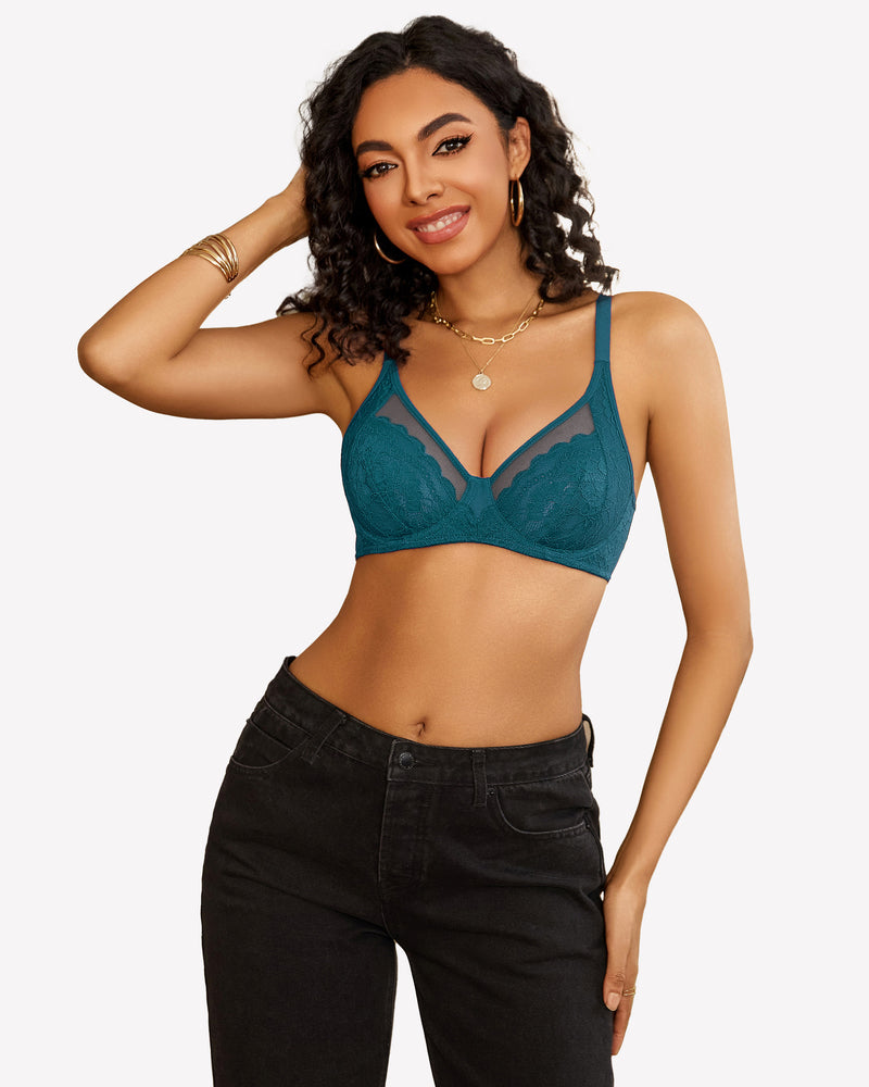 Blue-green lace push-up bralette with underwire cups and scalloped lace trim
