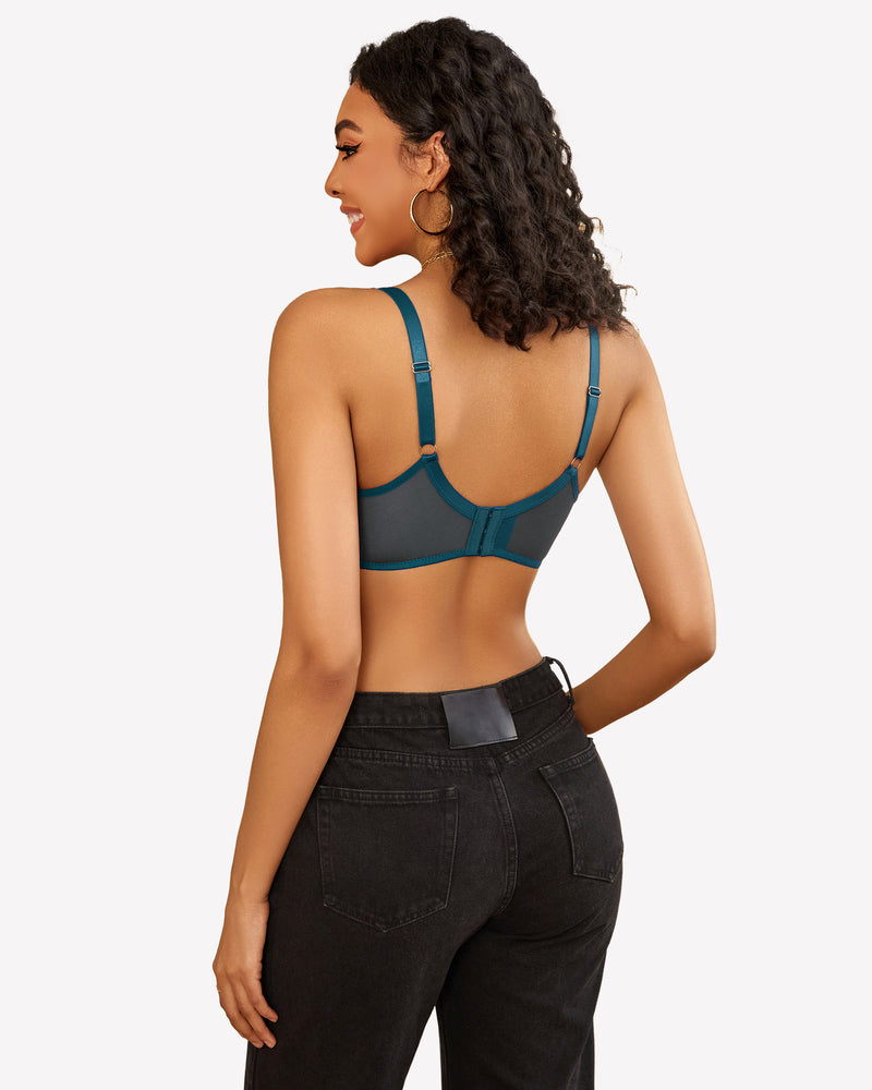 Blue lace push-up bralette back view with sheer panels and adjustable straps