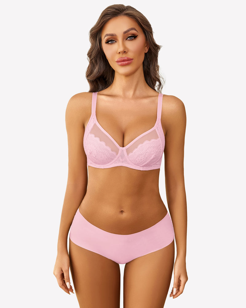 Pink lace push-up bralette with underwire cups and matching high-rise briefs