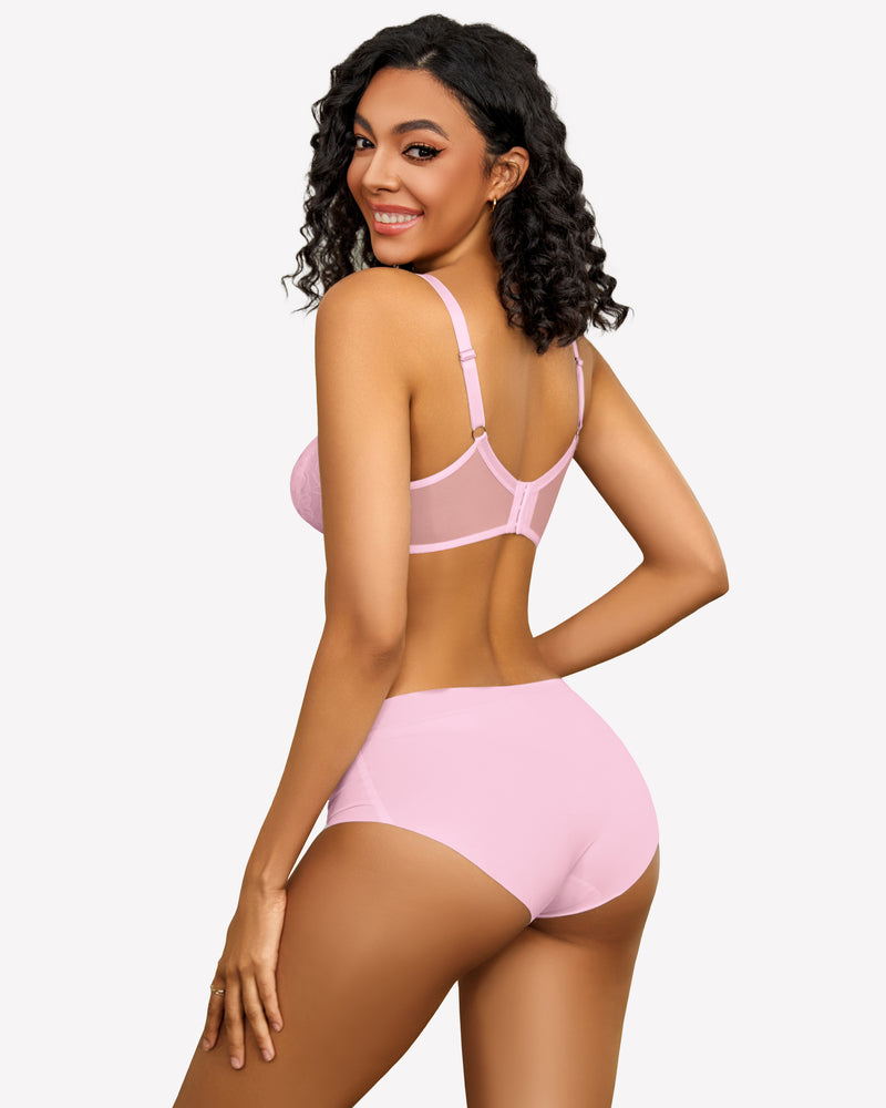 Pink lace push-up bralette back view with sheer straps and matching briefs