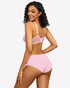 Pink lace push-up bralette back view with sheer straps and matching briefs