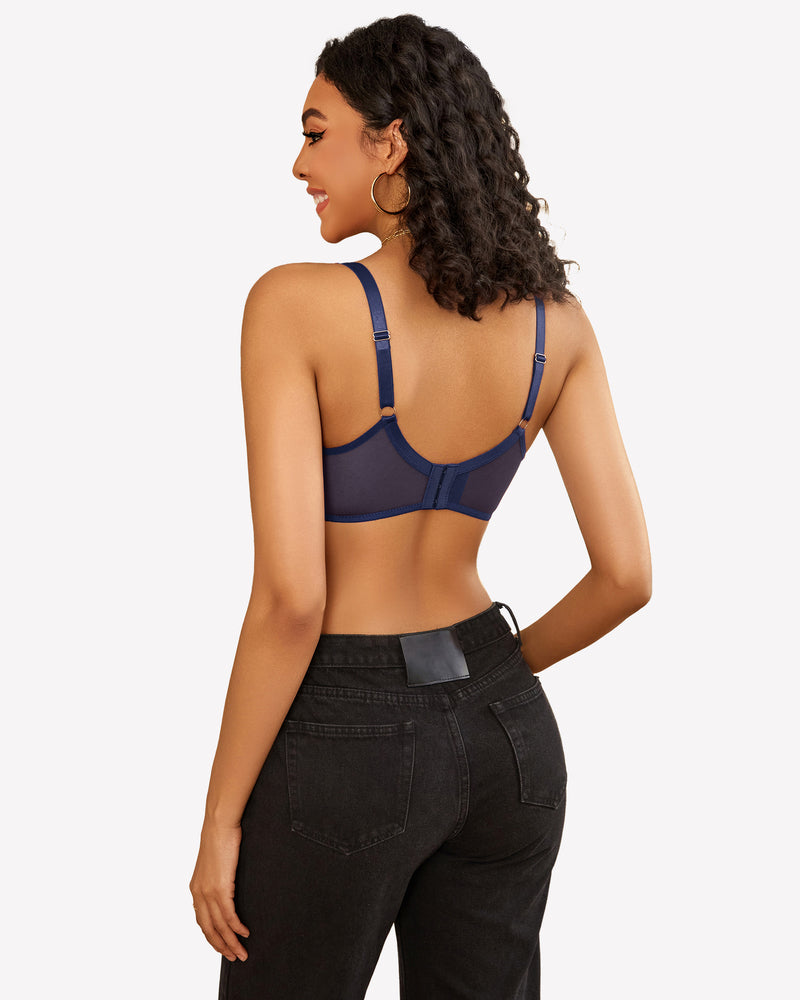 Blue lace push-up bralette back view with sheer mesh straps