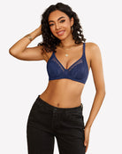 Navy lace push-up bralette with V-neck cups and adjustable shoulder straps