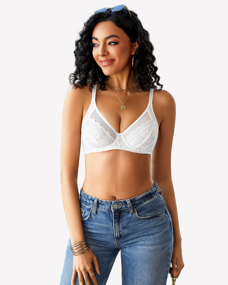 White lace push-up bralette with V-neck cups and scalloped lace edges