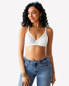 White lace push-up bralette with V-neck cups and scalloped lace edges