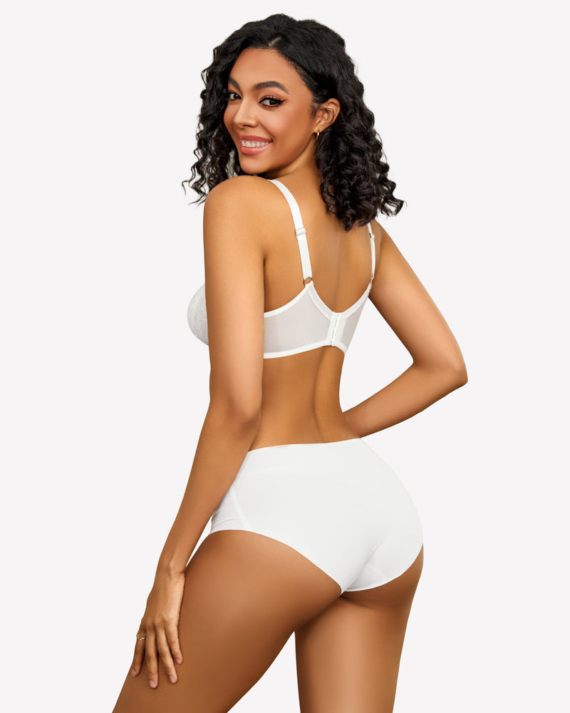 White lace push-up bralette back view with sheer straps and matching briefs