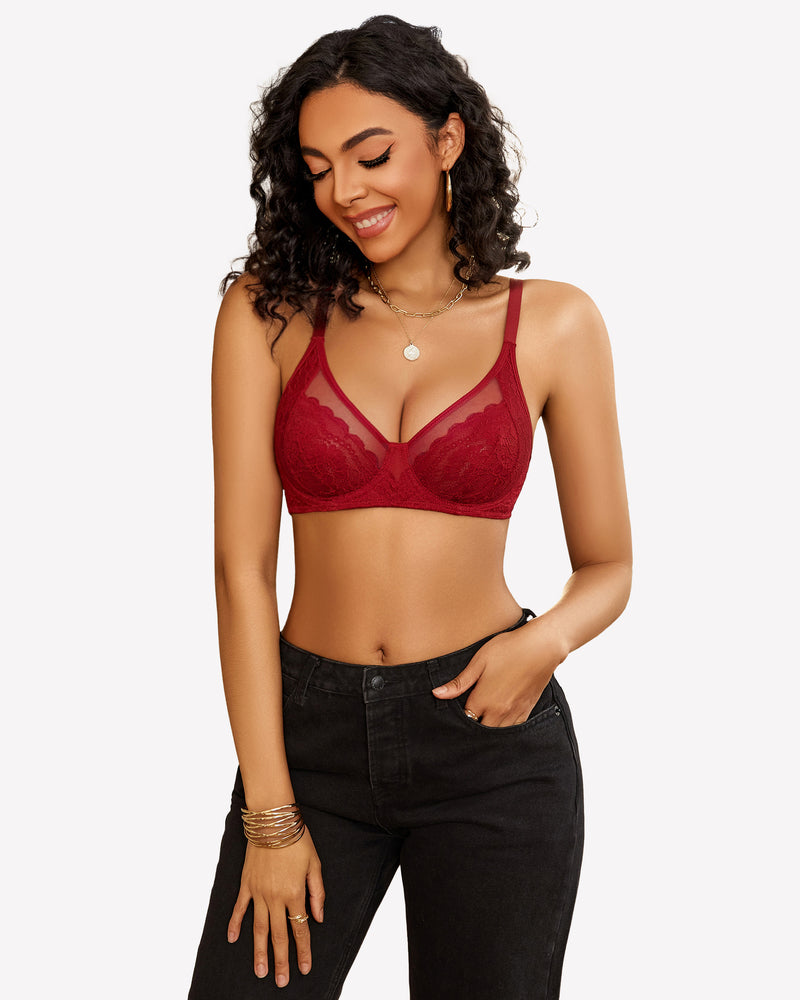 Wine red lace push-up bralette with V-neck cups and sheer lace overlay