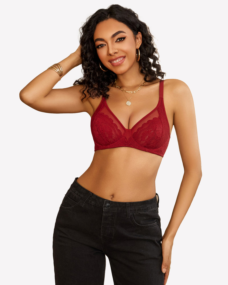 Wine red lace push-up bralette with V-neck cups and scalloped lace trim
