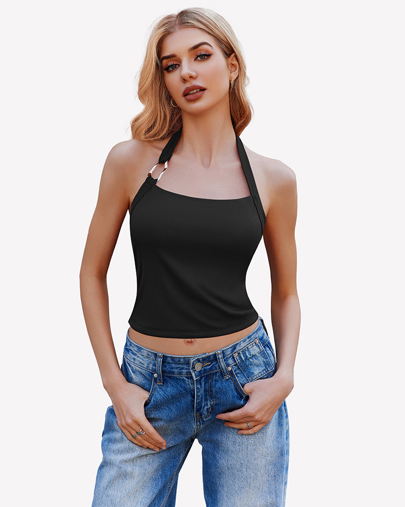 Black double-lined backless ribbed halter crop top with halter neck strap