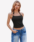 Black double-lined backless ribbed halter crop top, front view