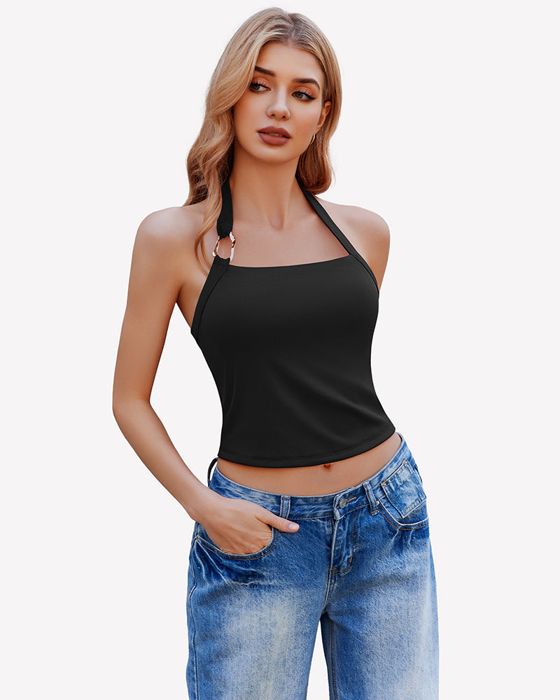 Black double-lined backless ribbed halter crop top, front view