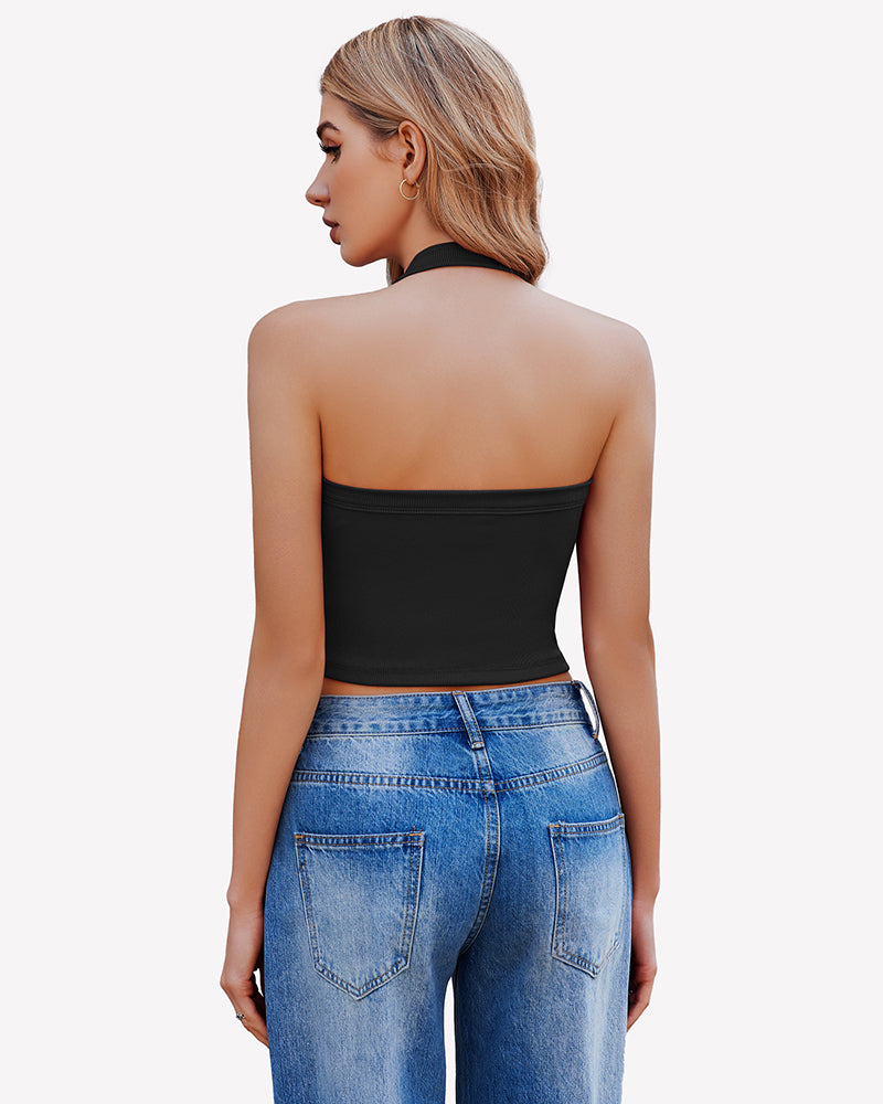 Black double-lined backless ribbed halter crop top, open back view