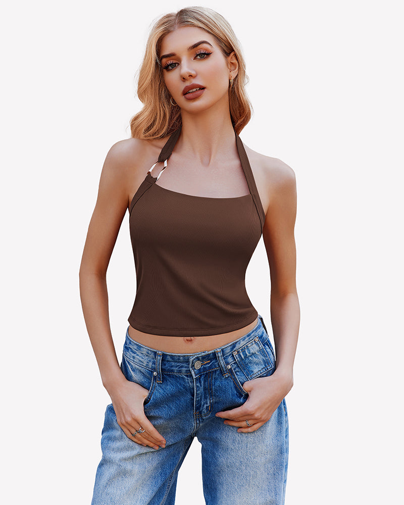 Brown double-lined backless ribbed halter crop top with front halter strap