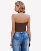 Brown double-lined backless ribbed halter crop top, open back view