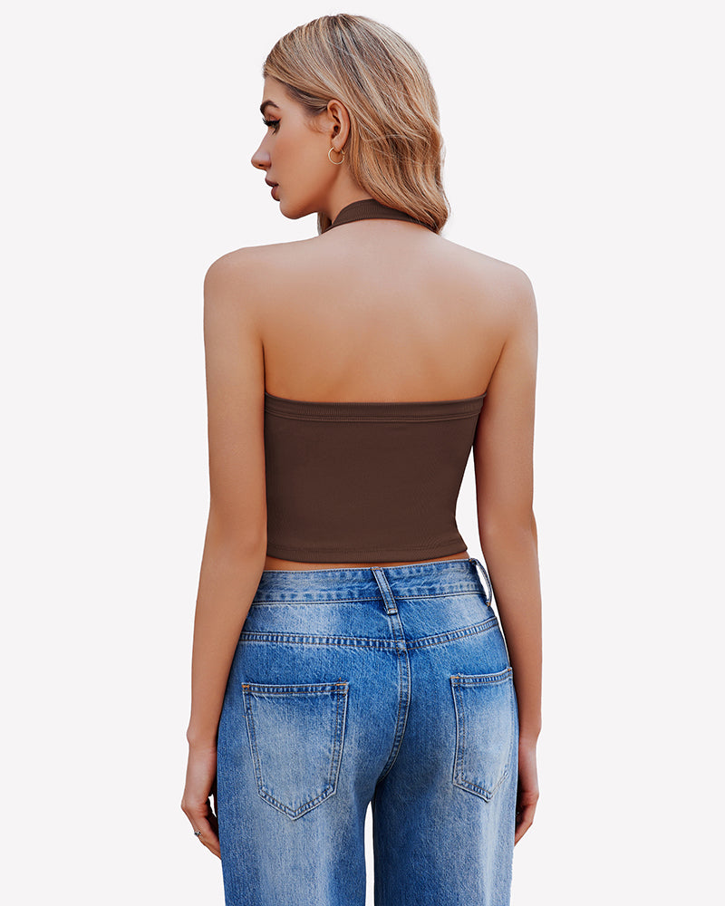 Brown double-lined backless ribbed halter crop top, open back view