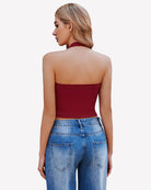 Dark red double-lined backless ribbed halter crop top, open back view