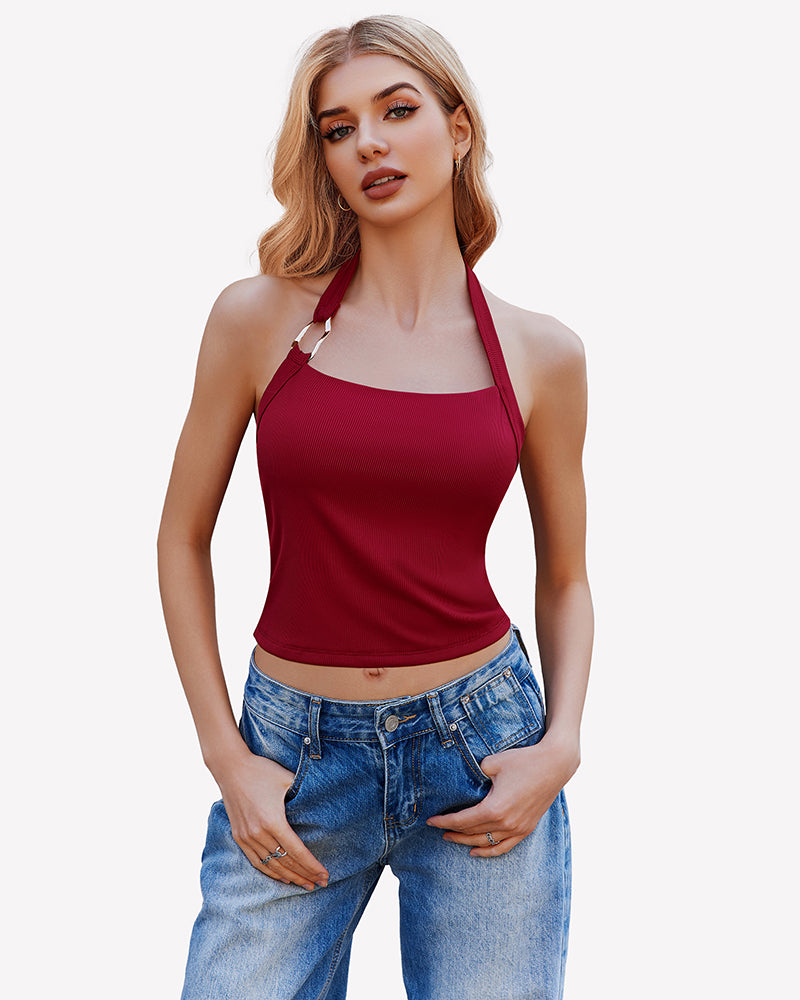 Double-lined ribbed backless crop top in dark red halter, front view