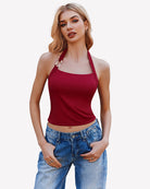 Double-lined ribbed backless crop top in dark red halter, front view