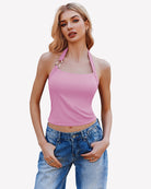 Double-lined ribbed backless crop top in pink halter, front view