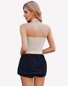 Double-lined ribbed backless crop top in nude halter, back view