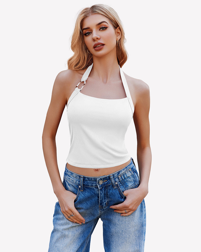 White double-lined backless ribbed halter crop top with front strap details