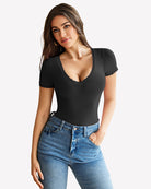 Double-lined lace V-neck bodysuit in black with short sleeves and scalloped lace trim