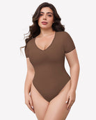 Double-lined lace V-neck bodysuit in brown with short sleeves and lace neckline