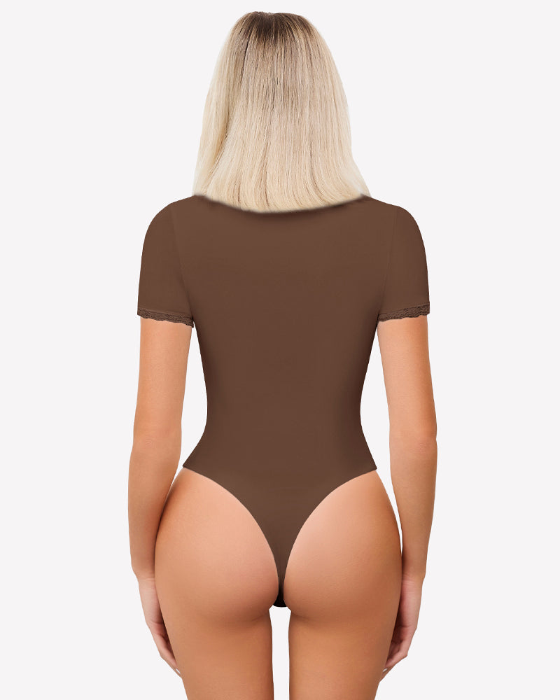 Double-lined lace V-neck bodysuit in brown, back view with short sleeves