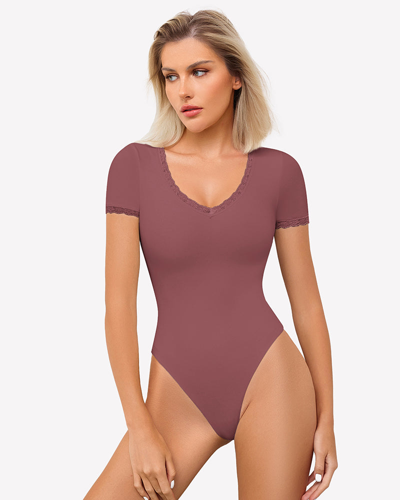 Double-lined lace V-neck bodysuit in dark plum with short sleeves