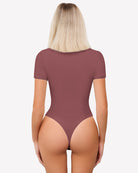 Double-lined lace V-neck bodysuit in dark plum, back view with short sleeves