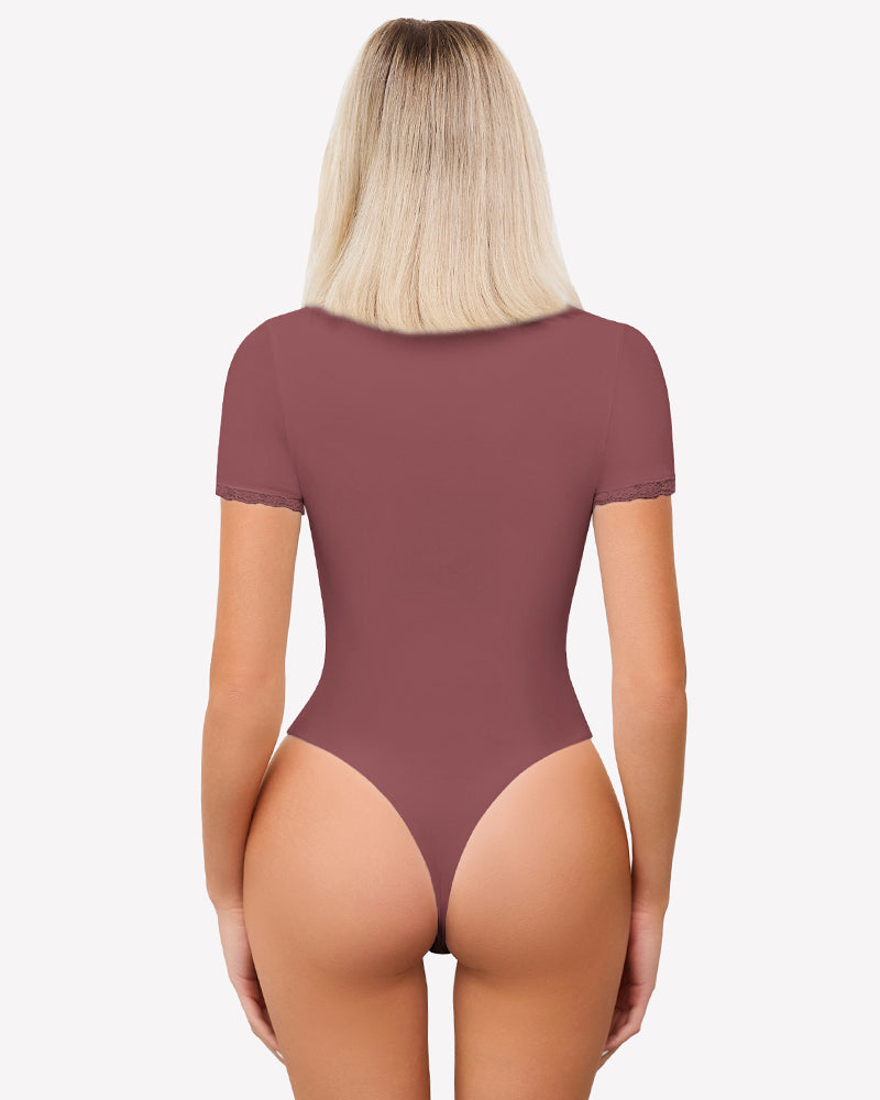 Double-lined lace V-neck bodysuit in dark plum, back view with short sleeves