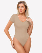 Double-lined lace V-neck bodysuit in khaki beige with short sleeves and lace trim