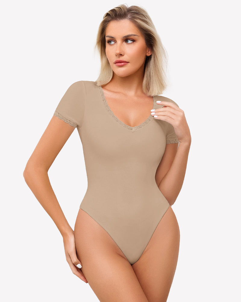 Double-lined lace V-neck bodysuit in khaki beige with short sleeves and lace trim