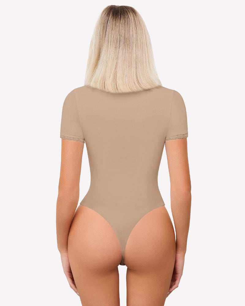 Beige lace V-neck double-lined bodysuit, back view with short sleeves
