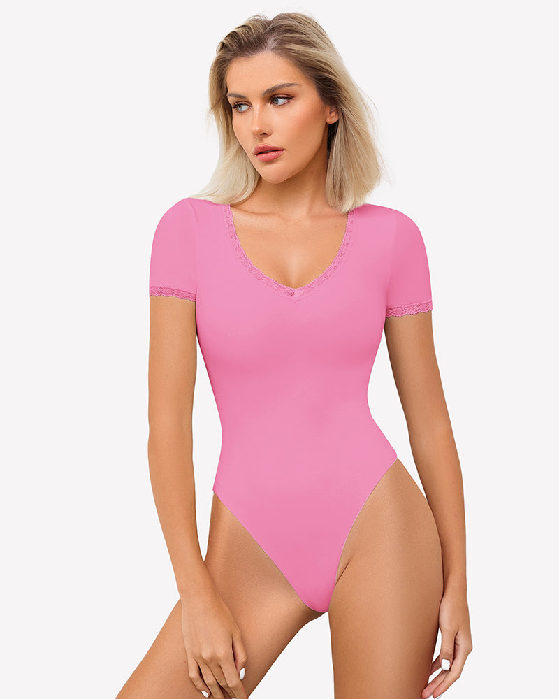 Pink lace V-neck double-lined bodysuit with scalloped neckline and short sleeves