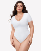 White lace V-neck double-lined bodysuit with scalloped neckline and short sleeves