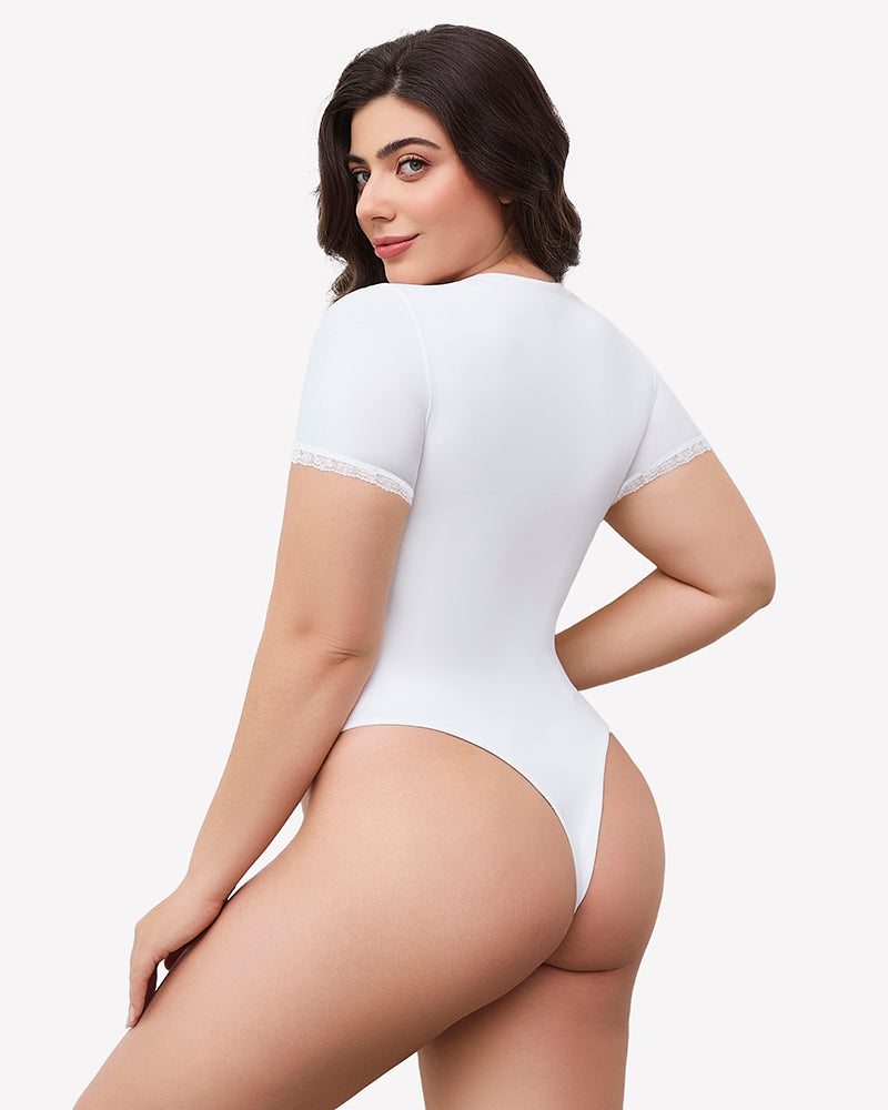 White lace V-neck double-lined bodysuit, back view with scalloped trim