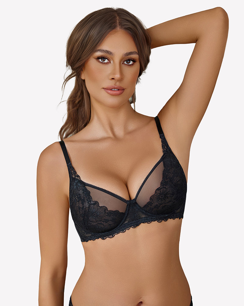 Black unlined mesh full coverage bra with lace trim and underwire cups