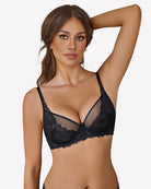 Black unlined mesh full coverage bra with lace trim and underwire cups