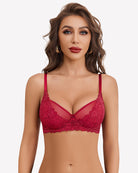 Red unlined mesh full coverage bra with lace underwire cups