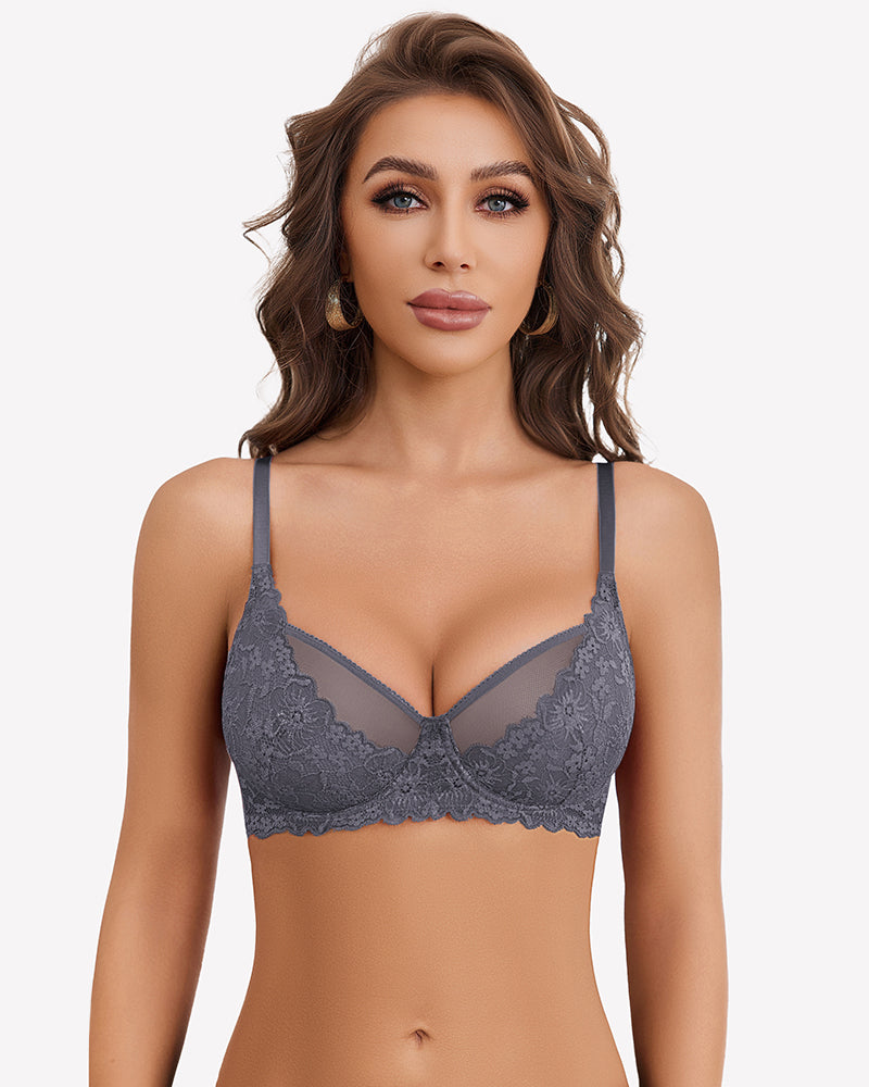 Grey unlined mesh full coverage bra with lace underwire cups